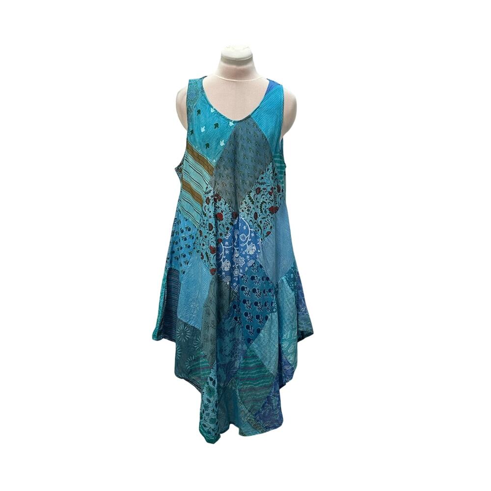 JESSICA TAYLOR Turquoise Patchwork Sleeveless Dress ONE SIZE Boho Hippie Summer